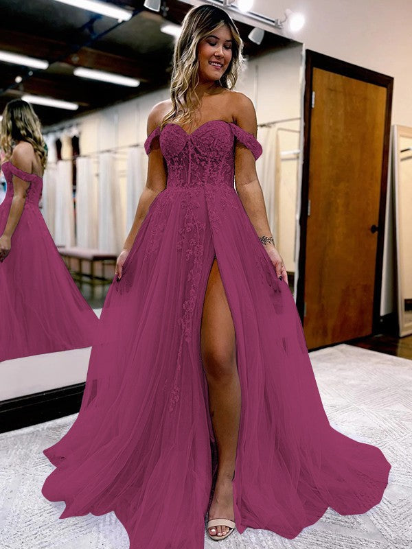 A-Line/Princess Tulle Applique Off-the-Shoulder Sleeveless Sweep/Brush Train Corset Prom Dress