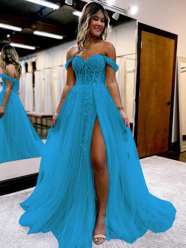 A-Line/Princess Tulle Applique Off-the-Shoulder Sleeveless Sweep/Brush Train Corset Prom Dress