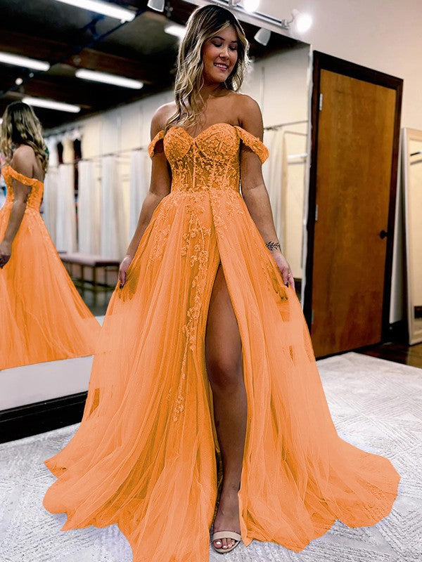 A-Line/Princess Tulle Applique Off-the-Shoulder Sleeveless Sweep/Brush Train Corset Prom Dress