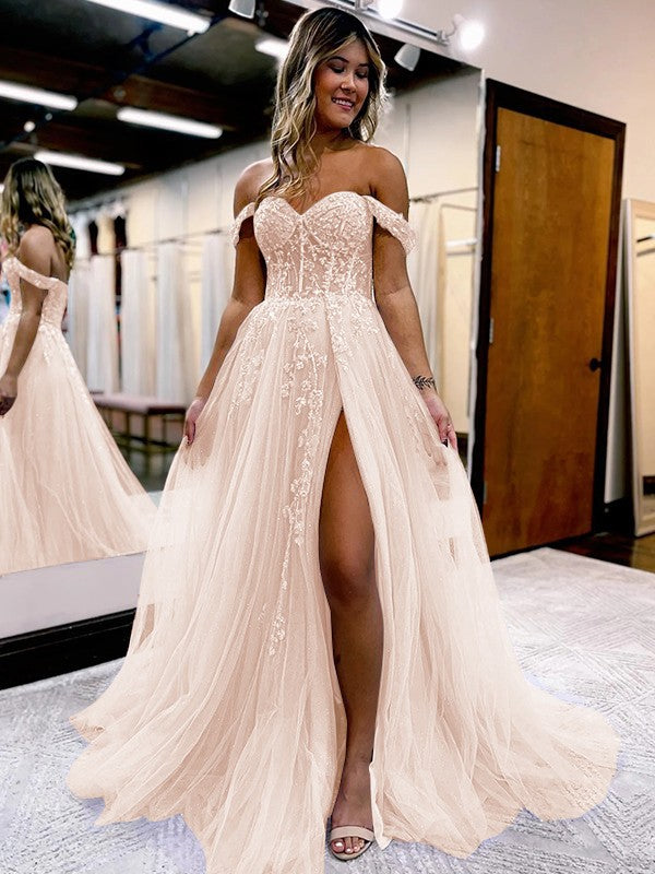 A-Line/Princess Tulle Applique Off-the-Shoulder Sleeveless Sweep/Brush Train Corset Prom Dress