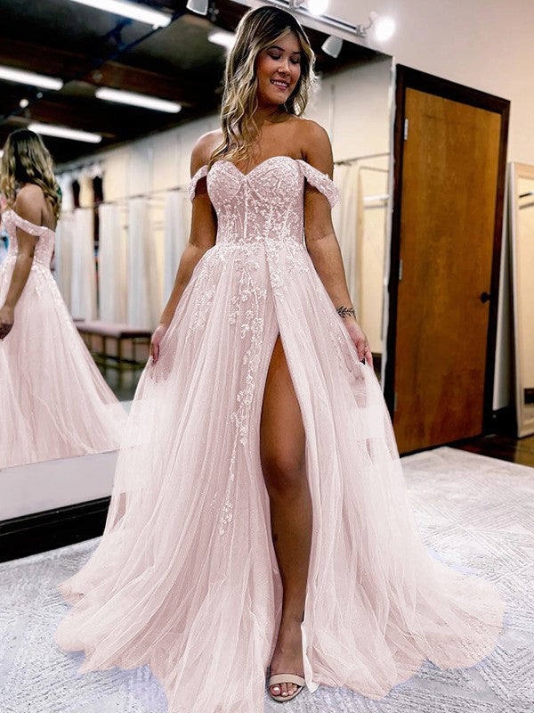 A-Line/Princess Tulle Applique Off-the-Shoulder Sleeveless Sweep/Brush Train Corset Prom Dress