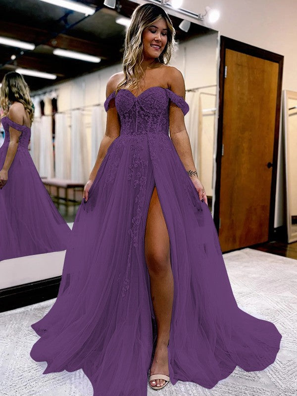 A-Line/Princess Tulle Applique Off-the-Shoulder Sleeveless Sweep/Brush Train Corset Prom Dress