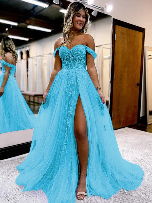 A-Line/Princess Tulle Applique Off-the-Shoulder Sleeveless Sweep/Brush Train Corset Prom Dress
