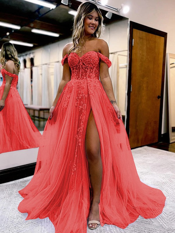 A-Line/Princess Tulle Applique Off-the-Shoulder Sleeveless Sweep/Brush Train Corset Prom Dress
