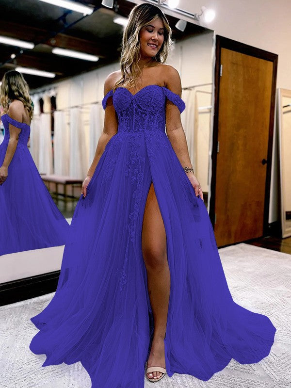 A-Line/Princess Tulle Applique Off-the-Shoulder Sleeveless Sweep/Brush Train Corset Prom Dress