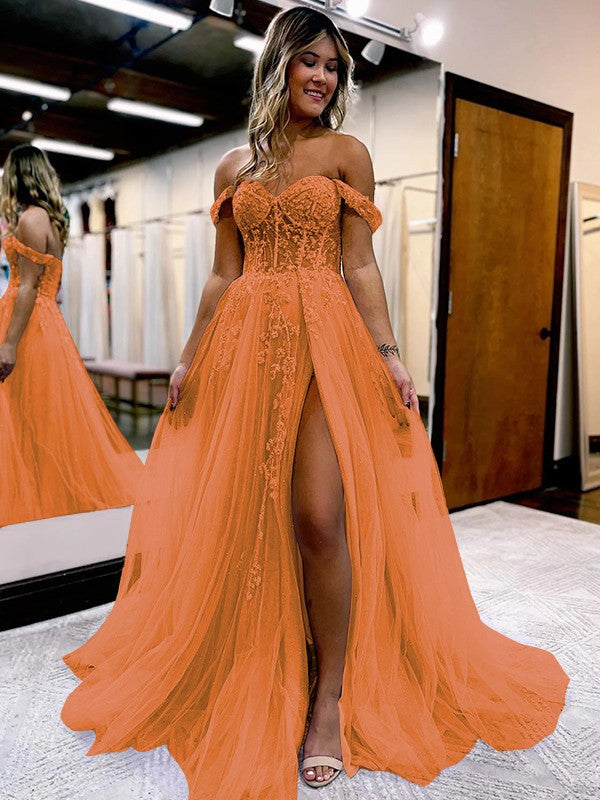 A-Line/Princess Tulle Applique Off-the-Shoulder Sleeveless Sweep/Brush Train Corset Prom Dress