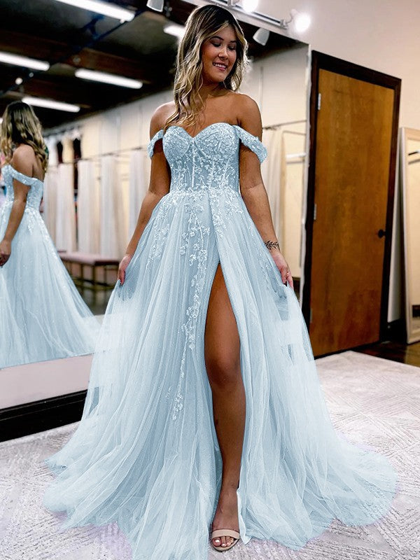A-Line/Princess Tulle Applique Off-the-Shoulder Sleeveless Sweep/Brush Train Corset Prom Dress