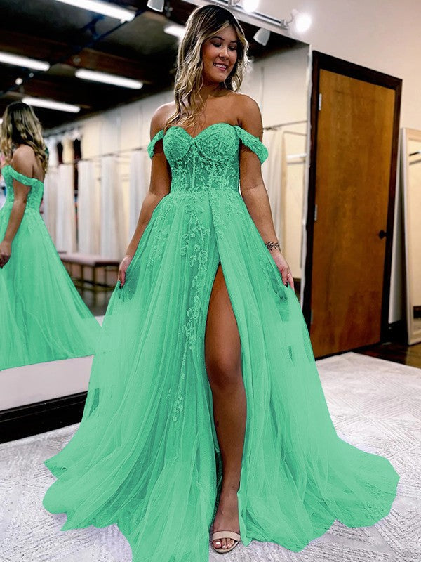 A-Line/Princess Tulle Applique Off-the-Shoulder Sleeveless Sweep/Brush Train Corset Prom Dress
