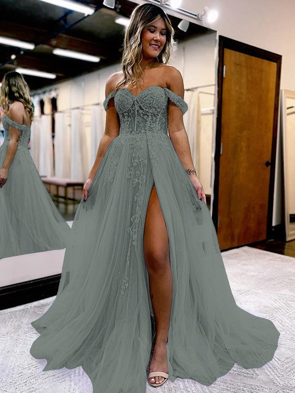A-Line/Princess Tulle Applique Off-the-Shoulder Sleeveless Sweep/Brush Train Corset Prom Dress