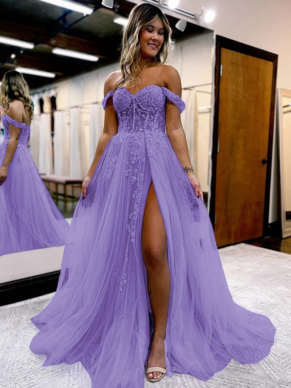 A-Line/Princess Tulle Applique Off-the-Shoulder Sleeveless Sweep/Brush Train Corset Prom Dress