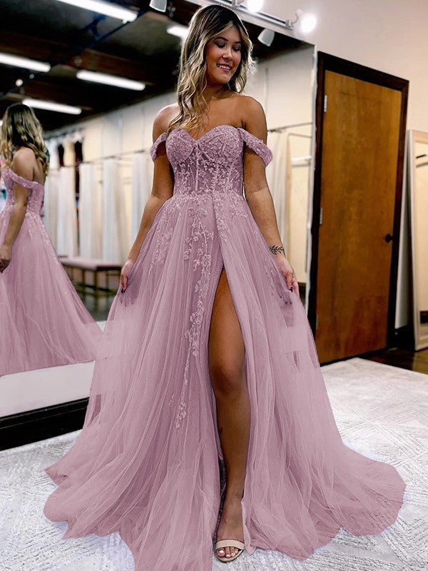 A-Line/Princess Tulle Applique Off-the-Shoulder Sleeveless Sweep/Brush Train Corset Prom Dress