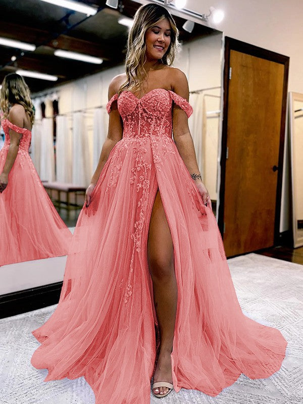 A-Line/Princess Tulle Applique Off-the-Shoulder Sleeveless Sweep/Brush Train Corset Prom Dress