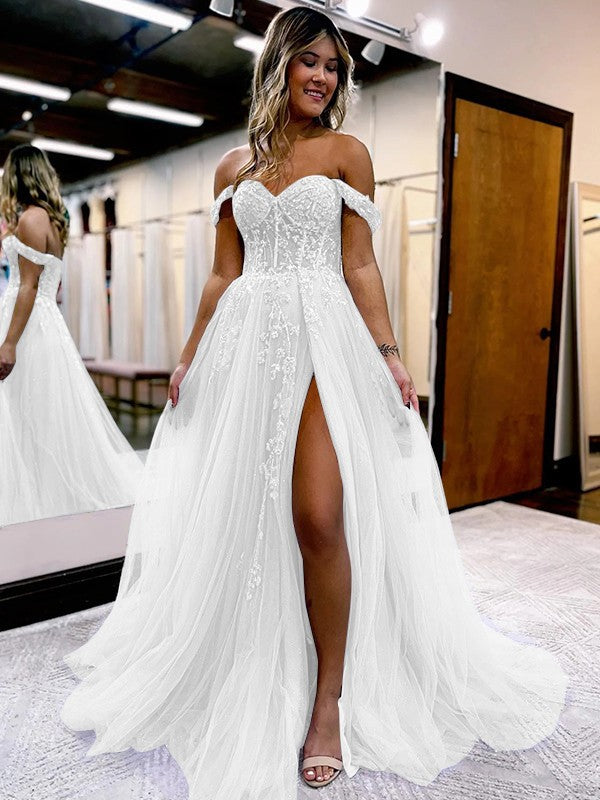 A-Line/Princess Tulle Applique Off-the-Shoulder Sleeveless Sweep/Brush Train Corset Prom Dress