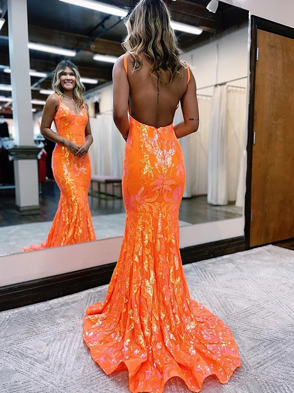 Sheath/Column V-neck Sleeveless Sweep/Brush Train Prom Dress