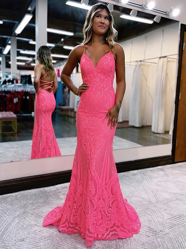 Sheath/Column V-neck Sleeveless Sweep/Brush Train Prom Dress