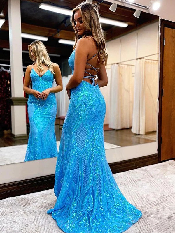 Sheath/Column V-neck Sleeveless Sweep/Brush Train Prom Dress