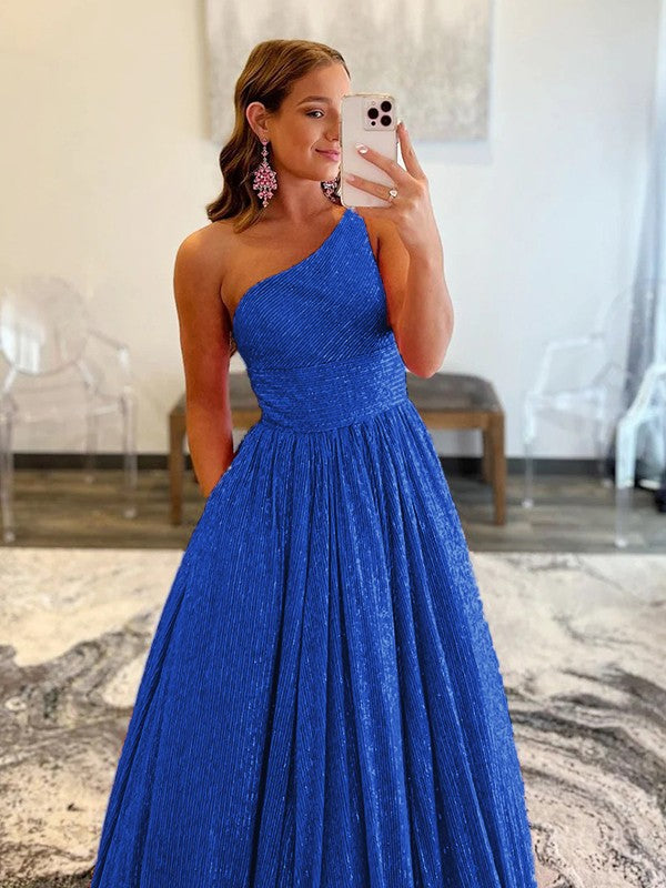 A-Line/Princess Ruffles One-Shoulder Sleeveless Sweep/Brush Train Prom Dress