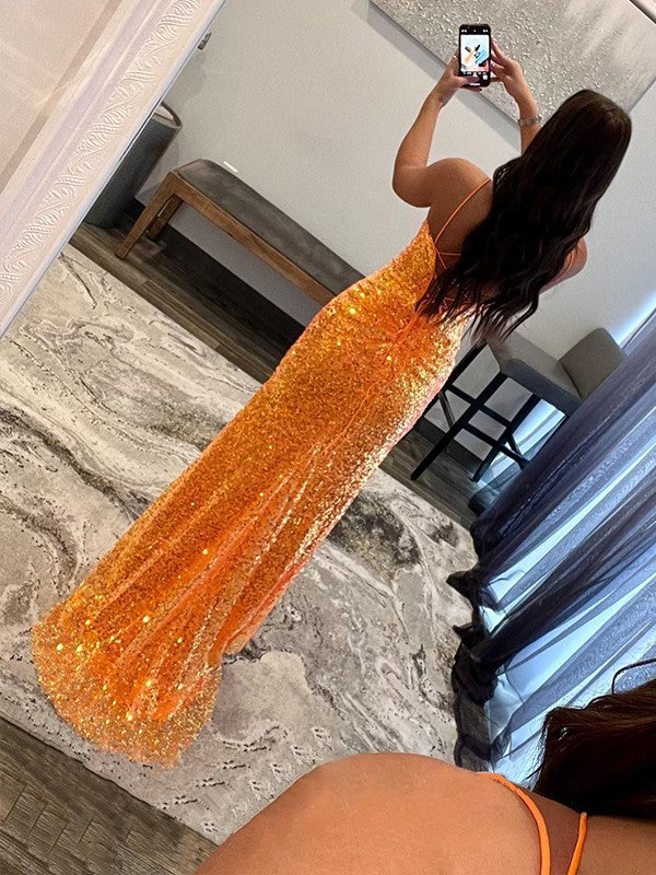 Sheath/Column Sequins V-neck Sleeveless Sweep/Brush Train Prom Dress