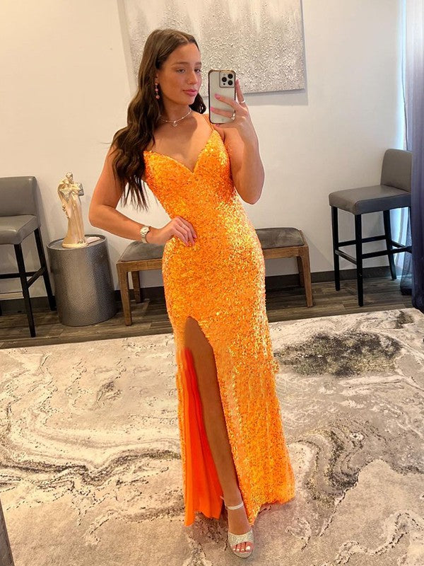 Sheath/Column Sequins V-neck Sleeveless Sweep/Brush Train Prom Dress
