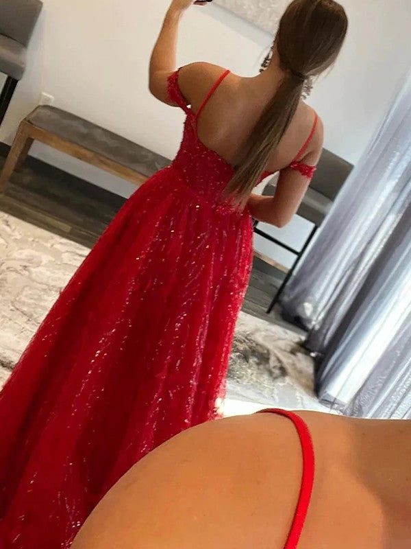 A-Line/Princess Ruffles Spaghetti Straps Sleeveless Sweep/Brush Train Prom Dress