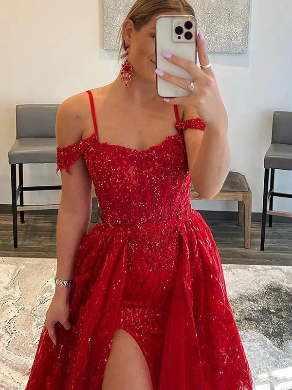 A-Line/Princess Ruffles Spaghetti Straps Sleeveless Sweep/Brush Train Prom Dress