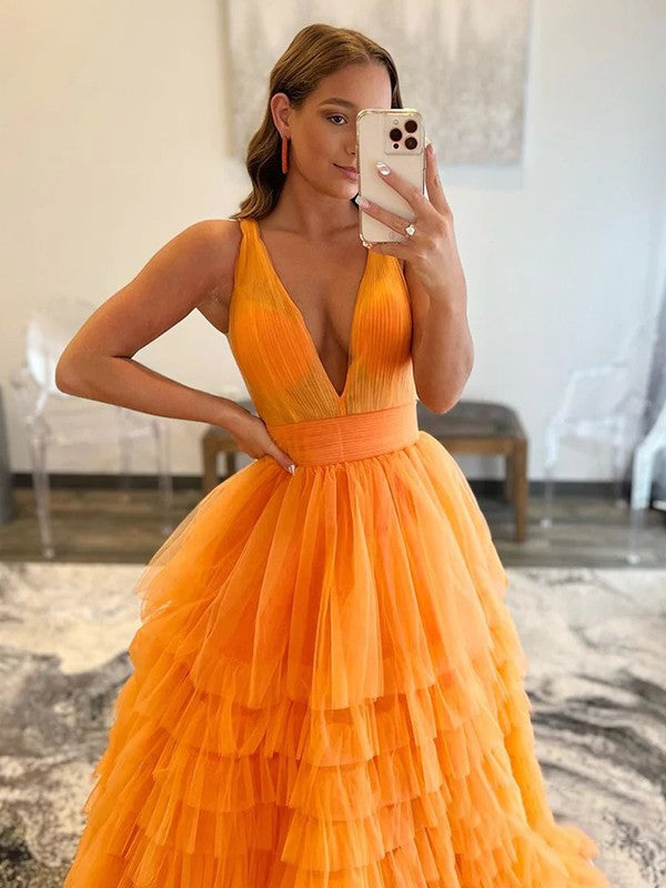 A-Line/Princess Tulle Ruffles V-neck Sleeveless Floor-Length Prom Dress