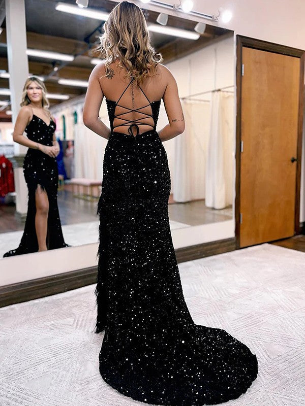 Sheath/Column Velvet Sequins Feathers/Fur V-neck Sleeveless Sweep/Brush Train Prom Dress