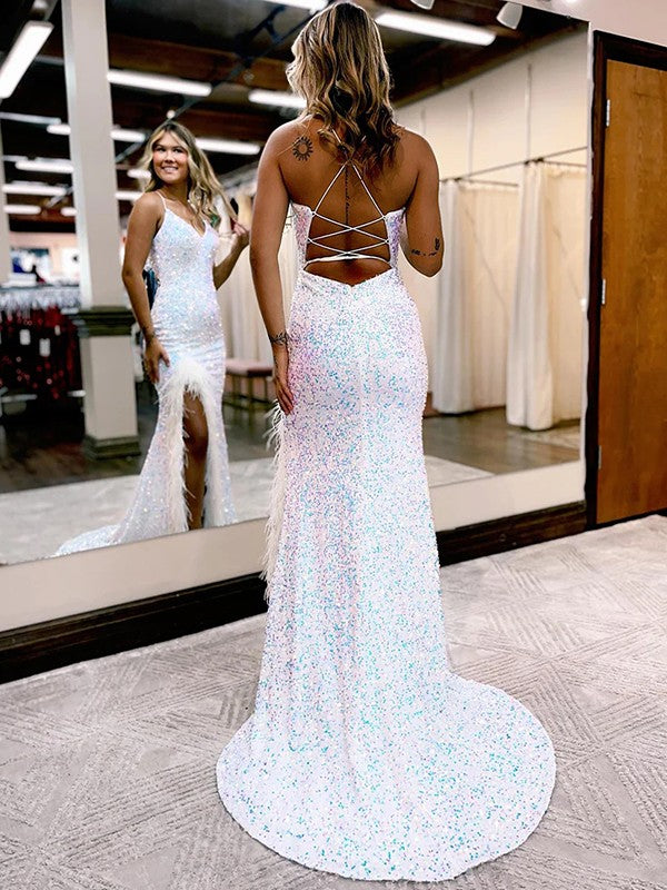 Sheath/Column Velvet Sequins Feathers/Fur V-neck Sleeveless Sweep/Brush Train Prom Dress