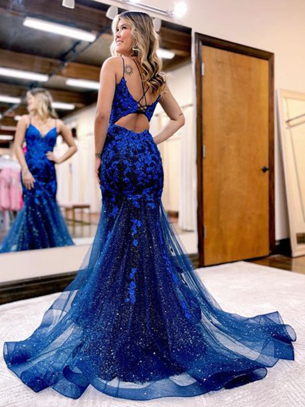 Sheath/Column Applique V-neck Sleeveless Sweep/Brush Train Prom Dress