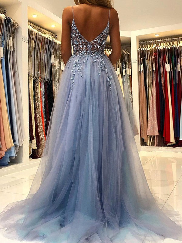 A-Line/Princess Tulle Applique V-neck Sleeveless Sweep/Brush Train Prom Dress