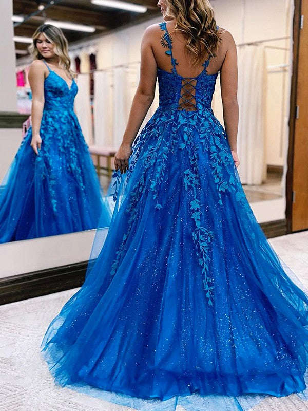 A-Line/Princess Tulle Applique V-neck Sleeveless Sweep/Brush Train Prom Dress