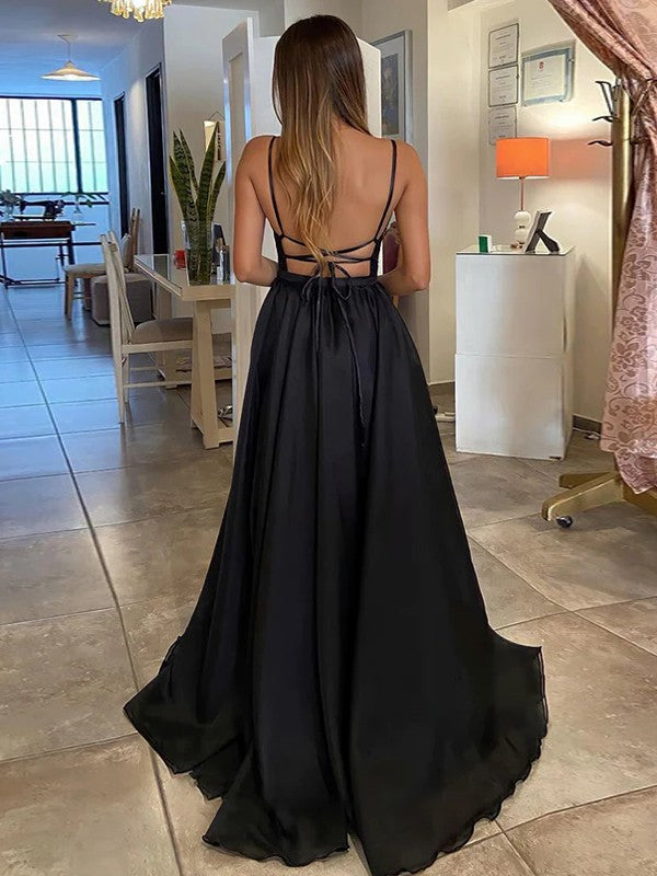 A-Line/Princess Sequins Ruffles V-neck Sleeveless Sweep/Brush Train Prom Dress