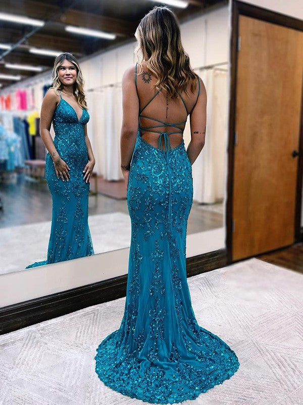 Sheath/Column V-neck Sleeveless Sweep/Brush Train Prom Dress