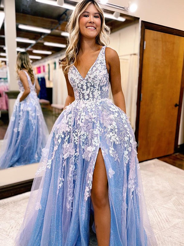A-Line/Princess Tulle Applique V-neck Sleeveless Sweep/Brush Train Prom Dress