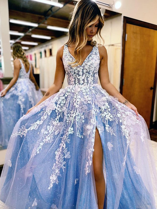 A-Line/Princess Tulle Applique V-neck Sleeveless Sweep/Brush Train Prom Dress