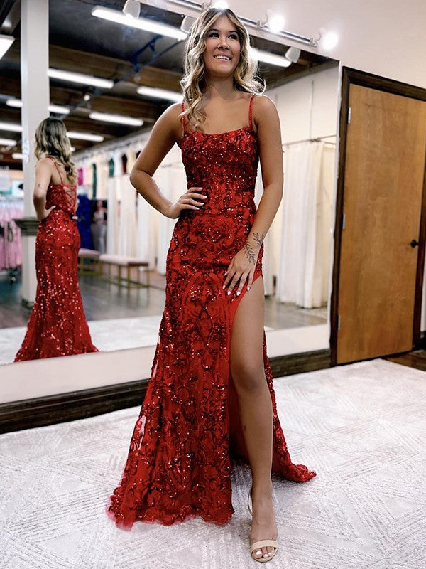Sheath/Column Spaghetti Straps Sleeveless Sweep/Brush Train Corset Prom Dress