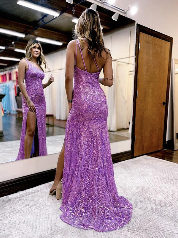 Sheath/Column Sequins Applique One-Shoulder Sleeveless Sweep/Brush Train Prom Dress
