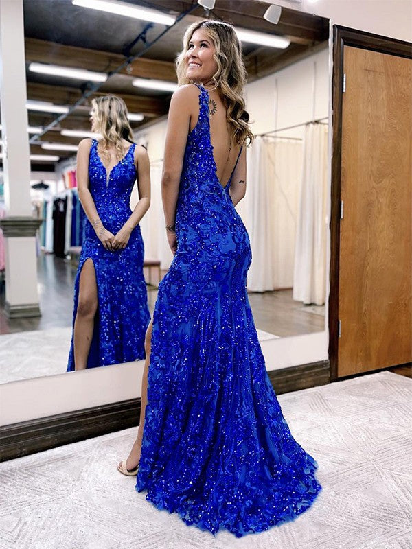 Sheath/Column V-neck Sleeveless Sweep/Brush Train Prom Dress