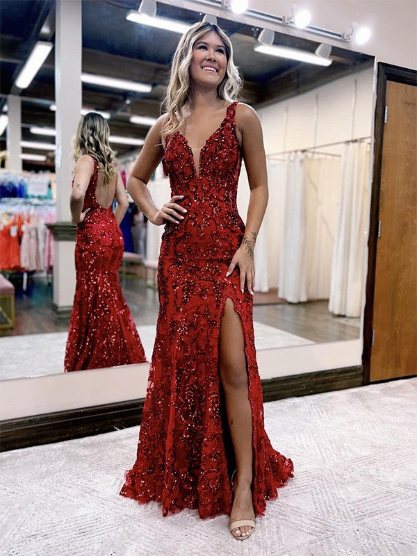 Sheath/Column V-neck Sleeveless Sweep/Brush Train Prom Dress