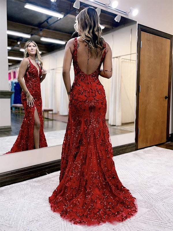 Sheath/Column V-neck Sleeveless Sweep/Brush Train Prom Dress