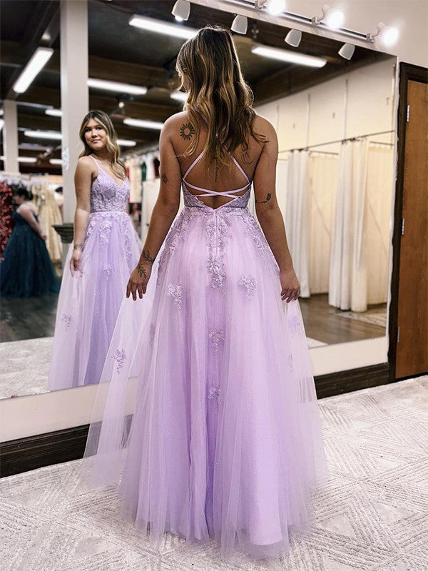 A-Line/Princess Tulle Applique V-neck Sleeveless Floor-Length Corset Prom Dress