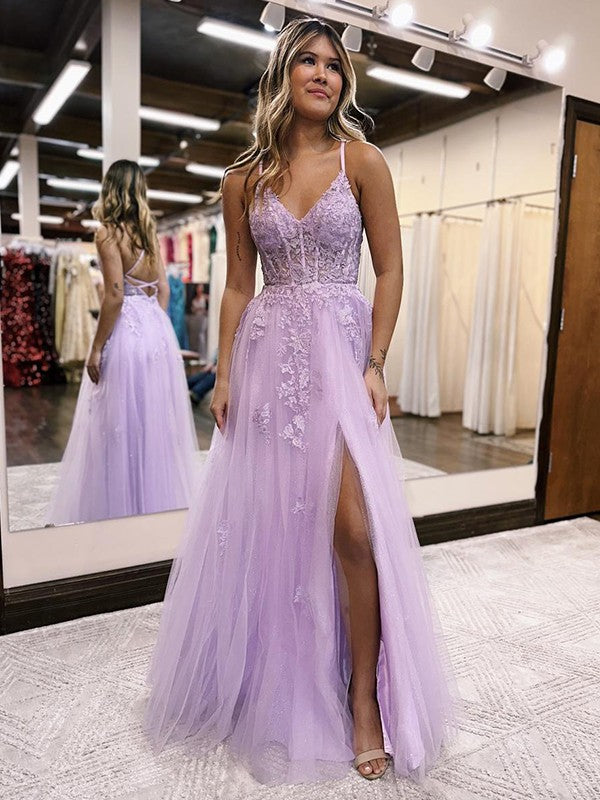 A-Line/Princess Tulle Applique V-neck Sleeveless Floor-Length Corset Prom Dress