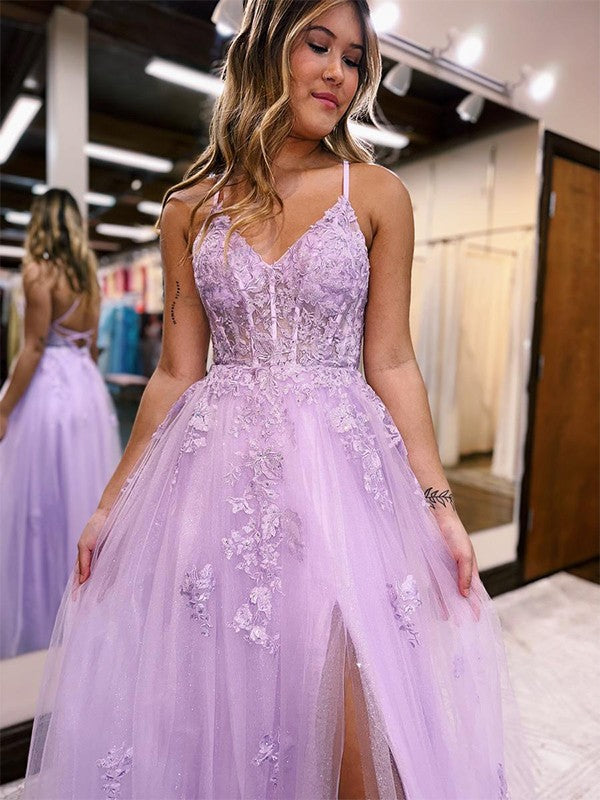 A-Line/Princess Tulle Applique V-neck Sleeveless Floor-Length Corset Prom Dress