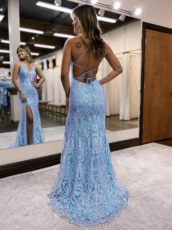 Sheath/Column V-neck Sleeveless Sweep/Brush Train Prom Dress