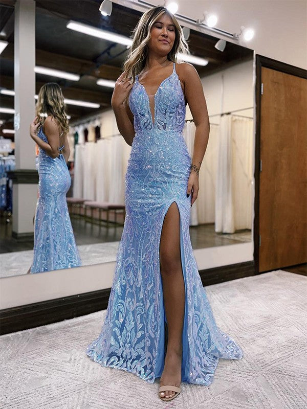 Sheath/Column V-neck Sleeveless Sweep/Brush Train Prom Dress