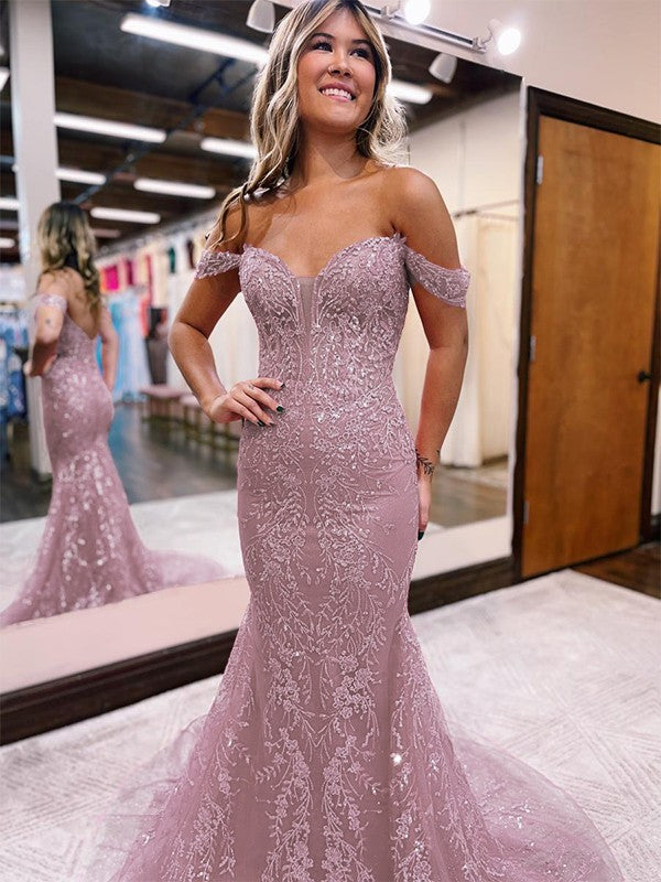 Sheath/Column Lace Applique Off-the-Shoulder Sleeveless Court Train Prom Dress