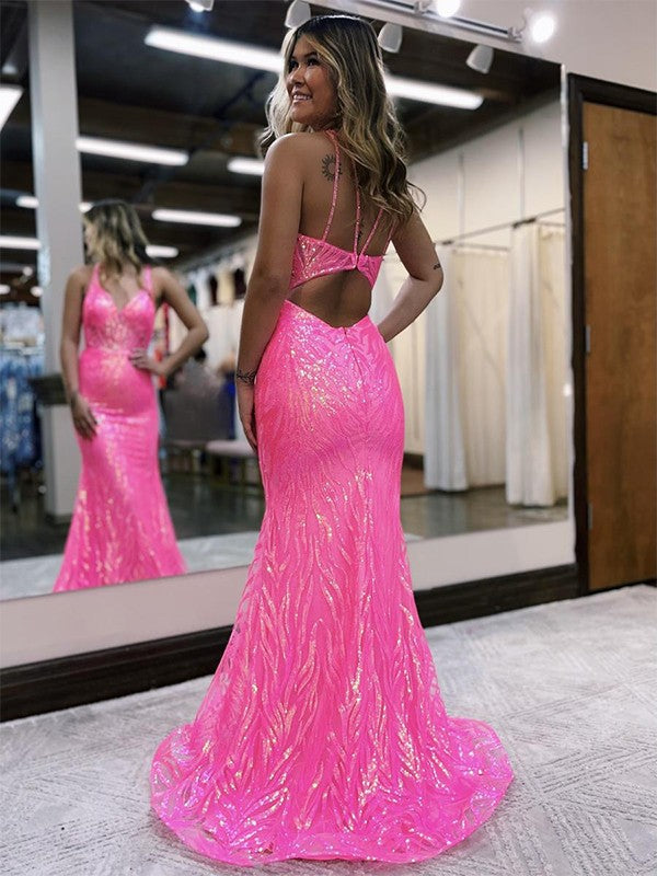 Sheath/Column V-neck Sleeveless Sweep/Brush Train Prom Dress