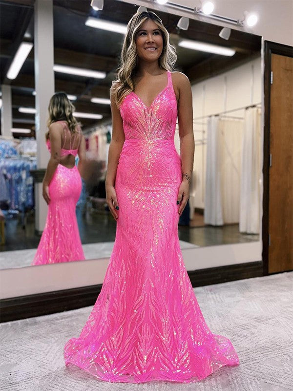 Sheath/Column V-neck Sleeveless Sweep/Brush Train Prom Dress