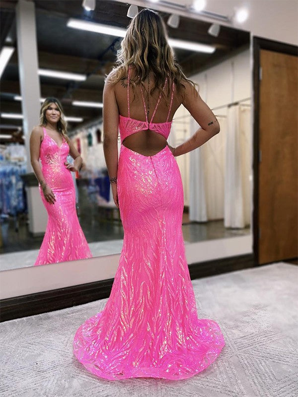 Sheath/Column V-neck Sleeveless Sweep/Brush Train Prom Dress