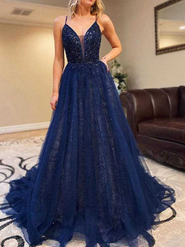 A-Line/Princess Tulle Beading V-neck Sleeveless Court Train Prom Dress